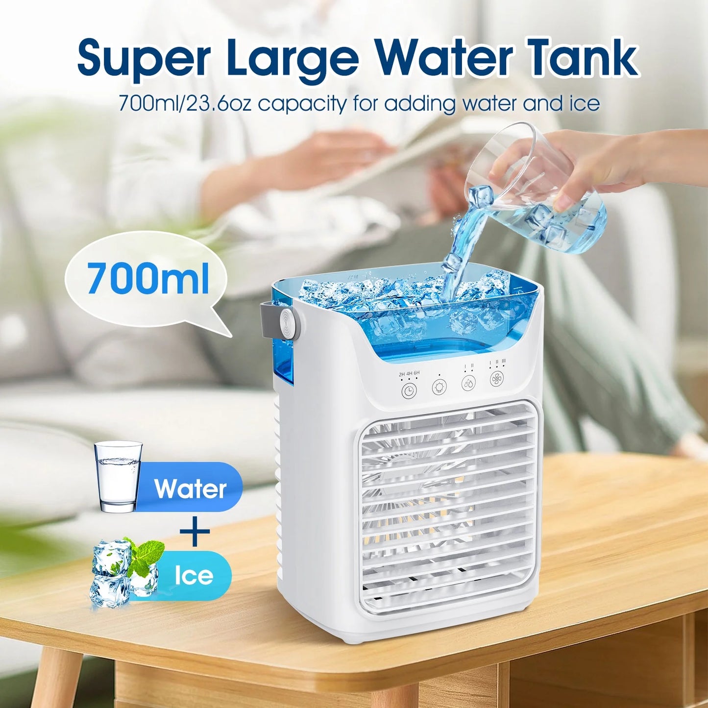 Portable Air Conditioner Mini Personal Evaporative Air Cooler with 3 Speeds and 2 Mist Modes, USB Desktop Cooling Fan with 7 Colorful Light and Timer for Home Office Bedroom