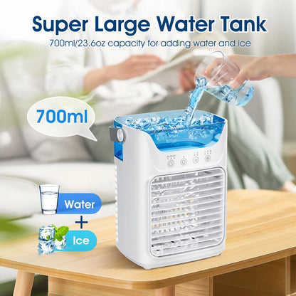 Portable Air Conditioner Mini Personal Evaporative Air Cooler with 3 Speeds and 2 Mist Modes, USB Desktop Cooling Fan with 7 Colorful Light and Timer for Home Office Bedroom