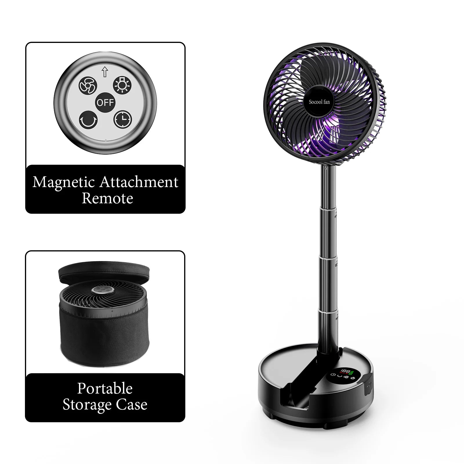 Socool 20000Mah Portable Folding Fan 8 Speeds Wind & Auto Oscillation Rechargeable Floor Standing Desk Fan with Remote for Home