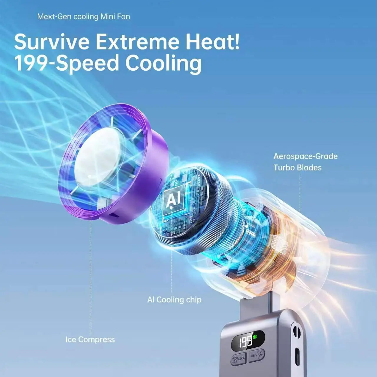 2026 Ice Fan Portable Handheld High Speed Fan 199 Adjustable Levels Foldable for Summer Travel Vacation Essentials& Outdoor Activities Cool Fan