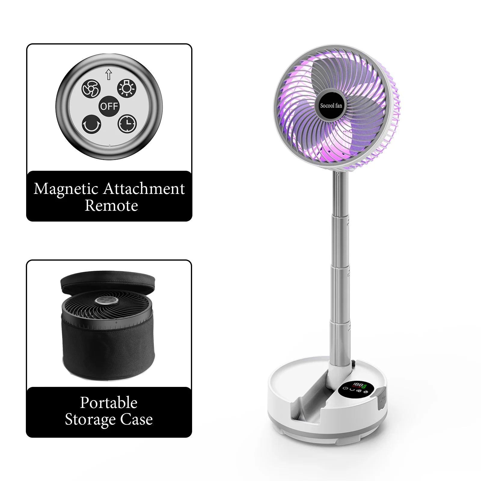 Socool 20000Mah Portable Folding Fan 8 Speeds Wind & Auto Oscillation Rechargeable Floor Standing Desk Fan with Remote for Home
