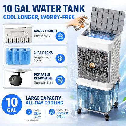 【Dealsforyou】10-Gal Portable Evaporative Swamp Cooler with Upgraded Cooling Technology, 7-Hour Timer, Remote Control, Removable Water Tank, Free Aroma Diffuser Pad for House, Outdoor Camping