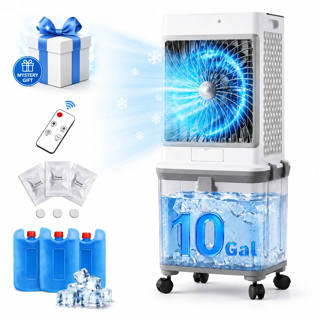 【Dealsforyou】10-Gal Portable Evaporative Swamp Cooler with Upgraded Cooling Technology, 7-Hour Timer, Remote Control, Removable Water Tank, Free Aroma Diffuser Pad for House, Outdoor Camping