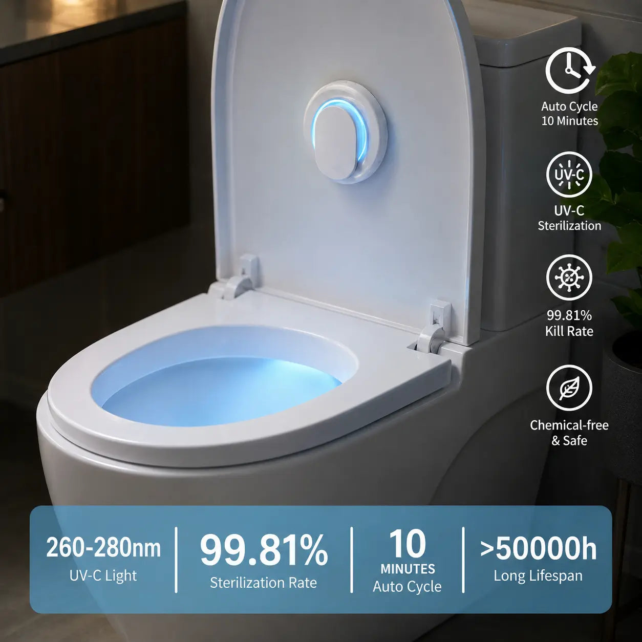 Auto Sensor UV Toilet Sterilizer, No Drill Paste-On Toilet Sanitizer, Automatic Work When Closing Lid, 99.99% Germ Killing Rate,Portable Paste Mount Disinfection Light for Household Toilets, Shared Apartment & Family Bathroom Must Have