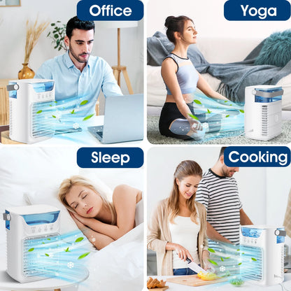 Portable Air Conditioner Mini Personal Evaporative Air Cooler with 3 Speeds and 2 Mist Modes, USB Desktop Cooling Fan with 7 Colorful Light and Timer for Home Office Bedroom