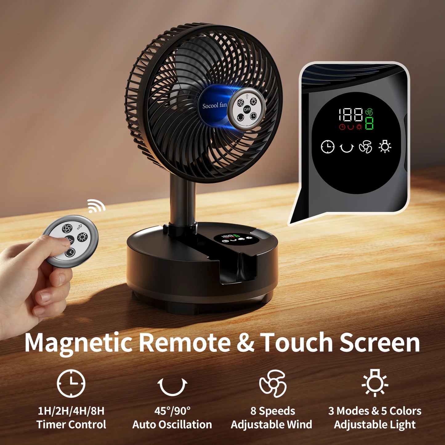 Socool 20000Mah Portable Folding Fan 8 Speeds Wind & Auto Oscillation Rechargeable Floor Standing Desk Fan with Remote for Home