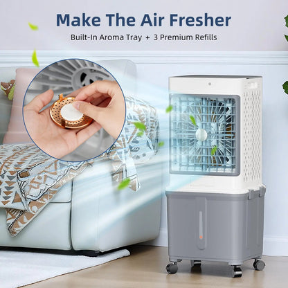 【Dealsforyou】10-Gal Portable Evaporative Swamp Cooler with Upgraded Cooling Technology, 7-Hour Timer, Remote Control, Removable Water Tank, Free Aroma Diffuser Pad for House, Outdoor Camping
