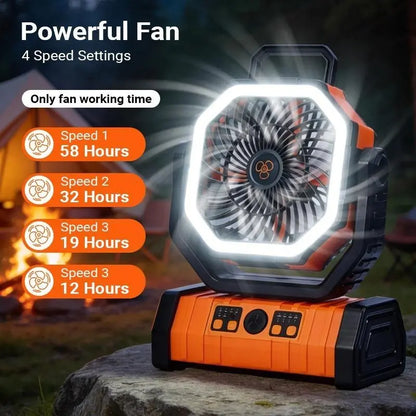 Portable Camping Fan with LED Light - Handheld Turbo Fan, Compact, Low-Noise Oscillating, Auto-Off Timer, 20000/18000Mah Portable Charger Batteries, 360° Rotating Hook, Remote Control, Cool Gadgets for Camping, Beach Use,Dorm Essentials,Home Essentials