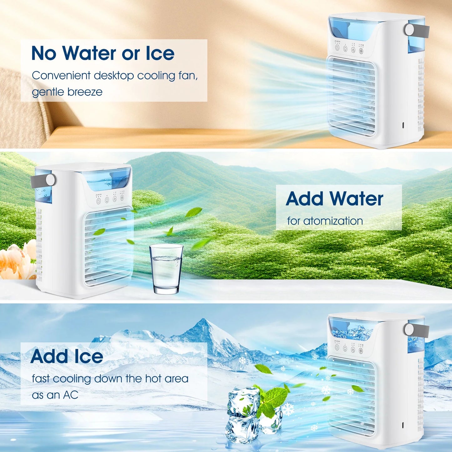 Portable Air Conditioner Mini Personal Evaporative Air Cooler with 3 Speeds and 2 Mist Modes, USB Desktop Cooling Fan with 7 Colorful Light and Timer for Home Office Bedroom