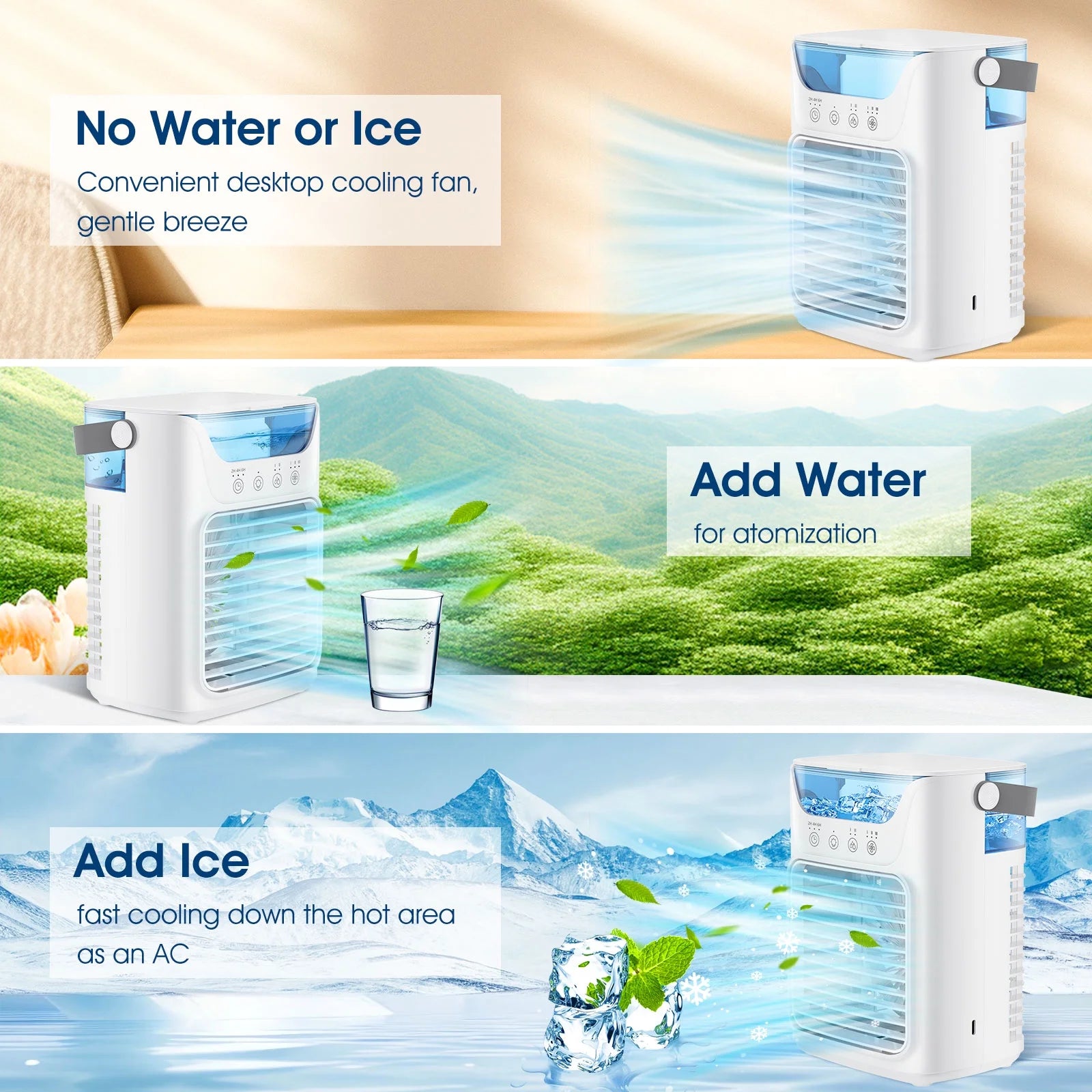 Portable Air Conditioner Mini Personal Evaporative Air Cooler with 3 Speeds and 2 Mist Modes, USB Desktop Cooling Fan with 7 Colorful Light and Timer for Home Office Bedroom