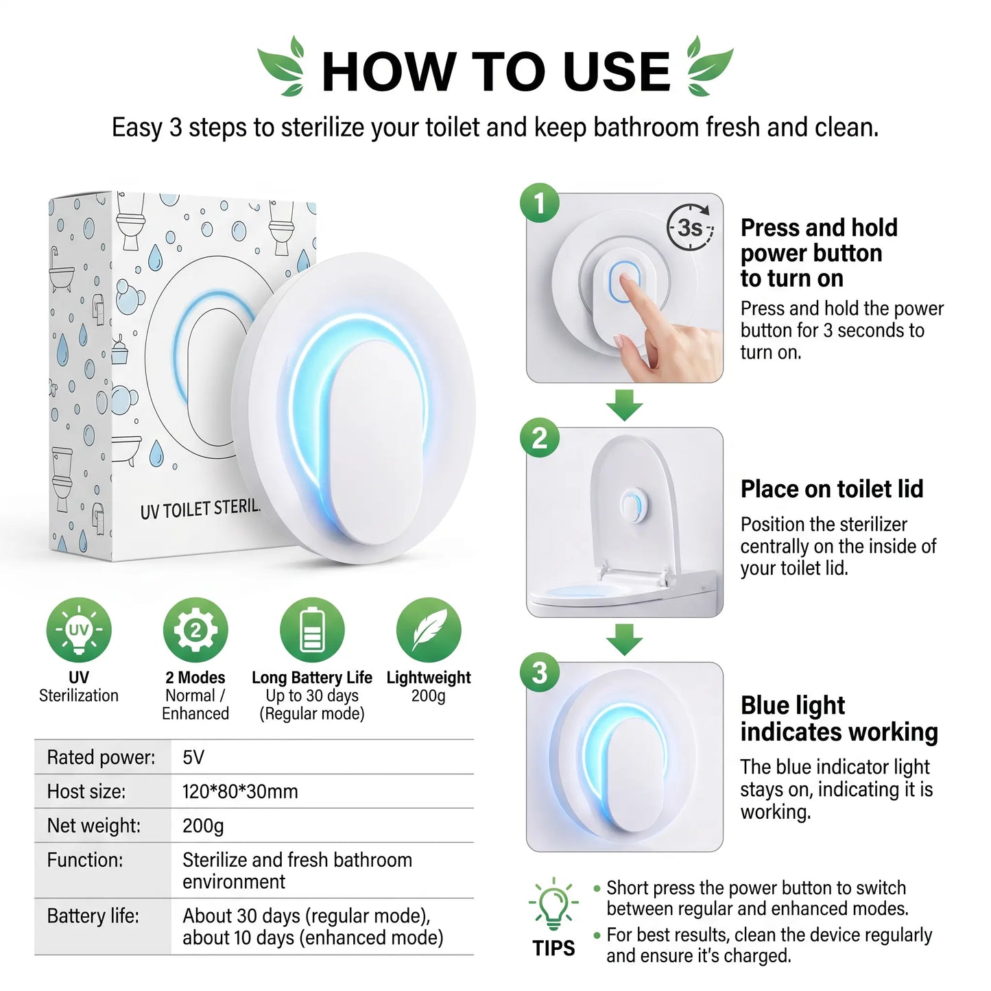 Auto Sensor UV Toilet Sterilizer, No Drill Paste-On Toilet Sanitizer, Automatic Work When Closing Lid, 99.99% Germ Killing Rate,Portable Paste Mount Disinfection Light for Household Toilets, Shared Apartment & Family Bathroom Must Have