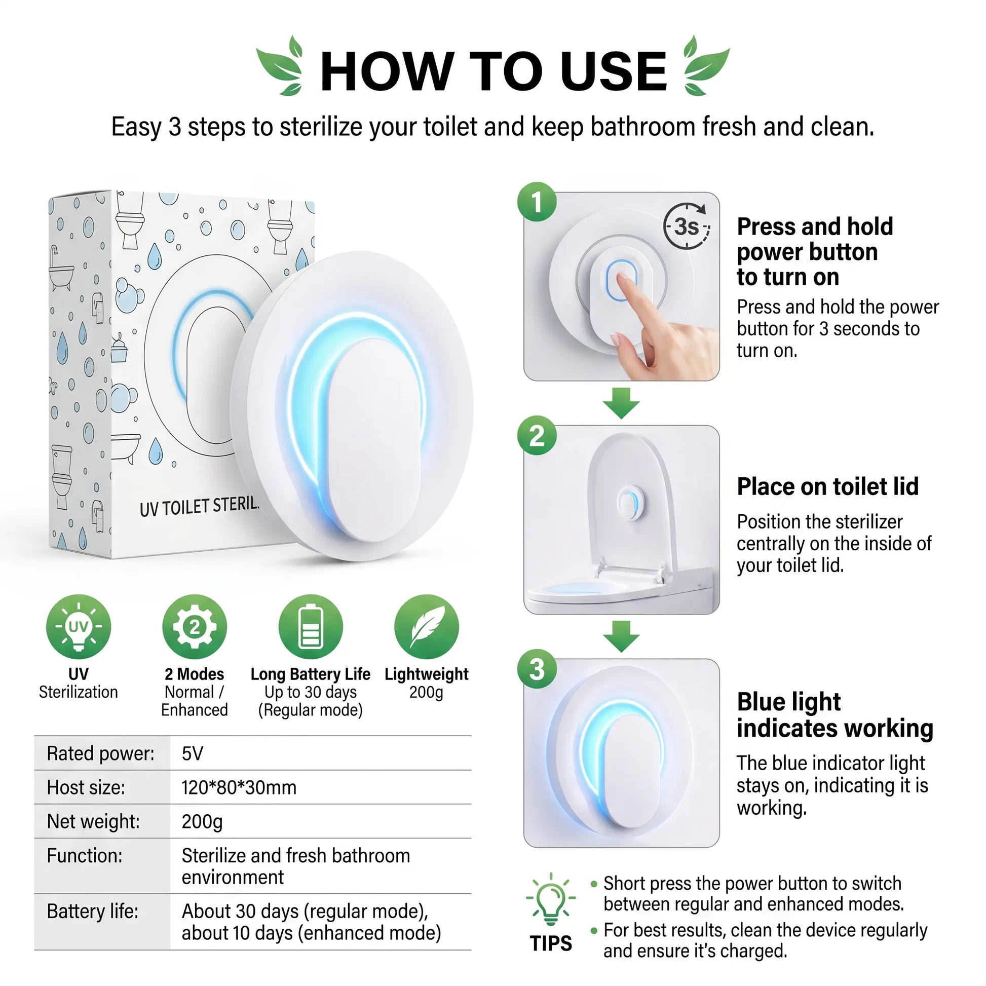 Auto Sensor UV Toilet Sterilizer, No Drill Paste-On Toilet Sanitizer, Automatic Work When Closing Lid, 99.99% Germ Killing Rate,Portable Paste Mount Disinfection Light for Household Toilets, Shared Apartment & Family Bathroom Must Have