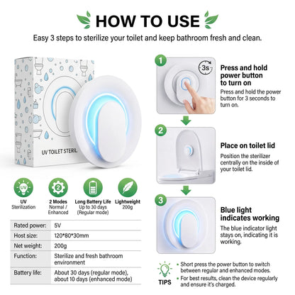 Auto Sensor UV Toilet Sterilizer, No Drill Paste-On Toilet Sanitizer, Automatic Work When Closing Lid, 99.99% Germ Killing Rate,Portable Paste Mount Disinfection Light for Household Toilets, Shared Apartment & Family Bathroom Must Have