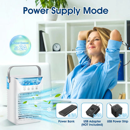 Portable Air Conditioner Mini Personal Evaporative Air Cooler with 3 Speeds and 2 Mist Modes, USB Desktop Cooling Fan with 7 Colorful Light and Timer for Home Office Bedroom