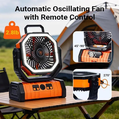 Portable Camping Fan with LED Light - Handheld Turbo Fan, Compact, Low-Noise Oscillating, Auto-Off Timer, 20000/18000Mah Portable Charger Batteries, 360° Rotating Hook, Remote Control, Cool Gadgets for Camping, Beach Use,Dorm Essentials,Home Essentials
