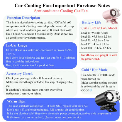 【Summerfinds】Joytutus Semiconductor Cooling Detachable Clip-On Car Cooling Fan, Vehicle & Auto Accessories, 360° Rotatable, 100-Speed Adjustable, USB Rechargeable, 3000Mah Battery, LED Display, Portable Tech Gadget for Cars