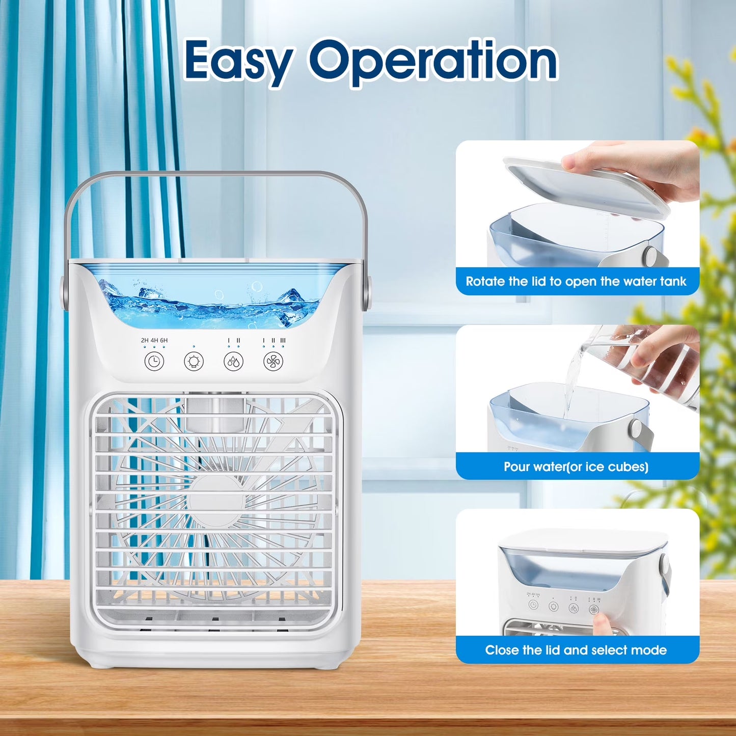 Portable Air Conditioner Mini Personal Evaporative Air Cooler with 3 Speeds and 2 Mist Modes, USB Desktop Cooling Fan with 7 Colorful Light and Timer for Home Office Bedroom
