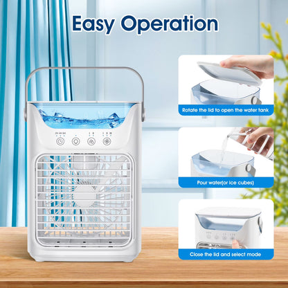 Portable Air Conditioner Mini Personal Evaporative Air Cooler with 3 Speeds and 2 Mist Modes, USB Desktop Cooling Fan with 7 Colorful Light and Timer for Home Office Bedroom