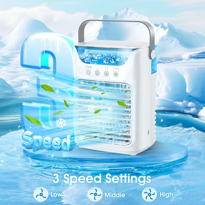 Portable Air Conditioner Mini Personal Evaporative Air Cooler with 3 Speeds and 2 Mist Modes, USB Desktop Cooling Fan with 7 Colorful Light and Timer for Home Office Bedroom
