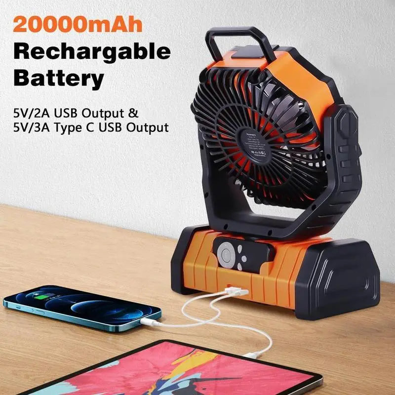 Portable Camping Fan with LED Light - Handheld Turbo Fan, Compact, Low-Noise Oscillating, Auto-Off Timer, 20000/18000Mah Portable Charger Batteries, 360° Rotating Hook, Remote Control, Cool Gadgets for Camping, Beach Use,Dorm Essentials,Home Essentials