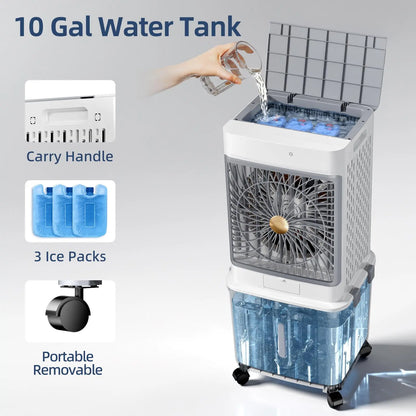 【Dealsforyou】10-Gal Portable Evaporative Swamp Cooler with Upgraded Cooling Technology, 7-Hour Timer, Remote Control, Removable Water Tank, Free Aroma Diffuser Pad for House, Outdoor Camping