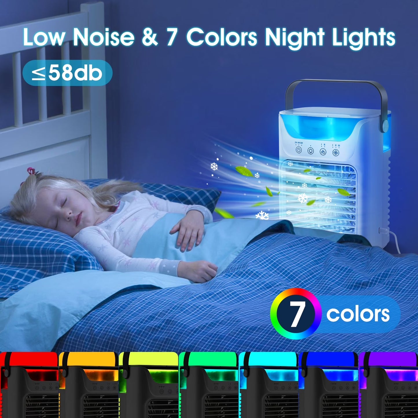 Portable Air Conditioner Mini Personal Evaporative Air Cooler with 3 Speeds and 2 Mist Modes, USB Desktop Cooling Fan with 7 Colorful Light and Timer for Home Office Bedroom