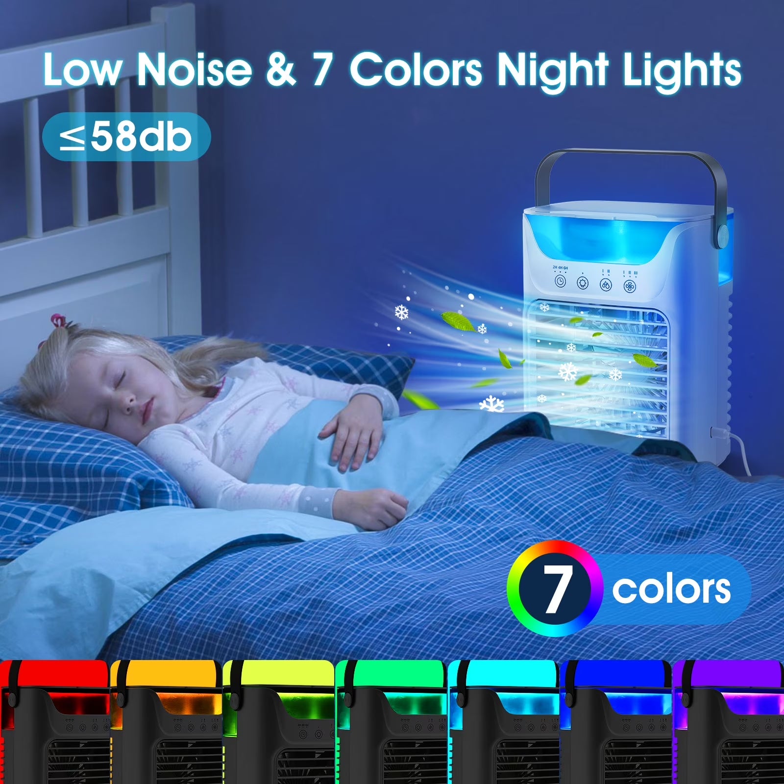 Portable Air Conditioner Mini Personal Evaporative Air Cooler with 3 Speeds and 2 Mist Modes, USB Desktop Cooling Fan with 7 Colorful Light and Timer for Home Office Bedroom