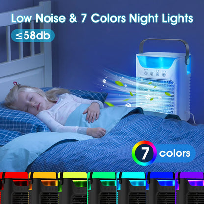 Portable Air Conditioner Mini Personal Evaporative Air Cooler with 3 Speeds and 2 Mist Modes, USB Desktop Cooling Fan with 7 Colorful Light and Timer for Home Office Bedroom